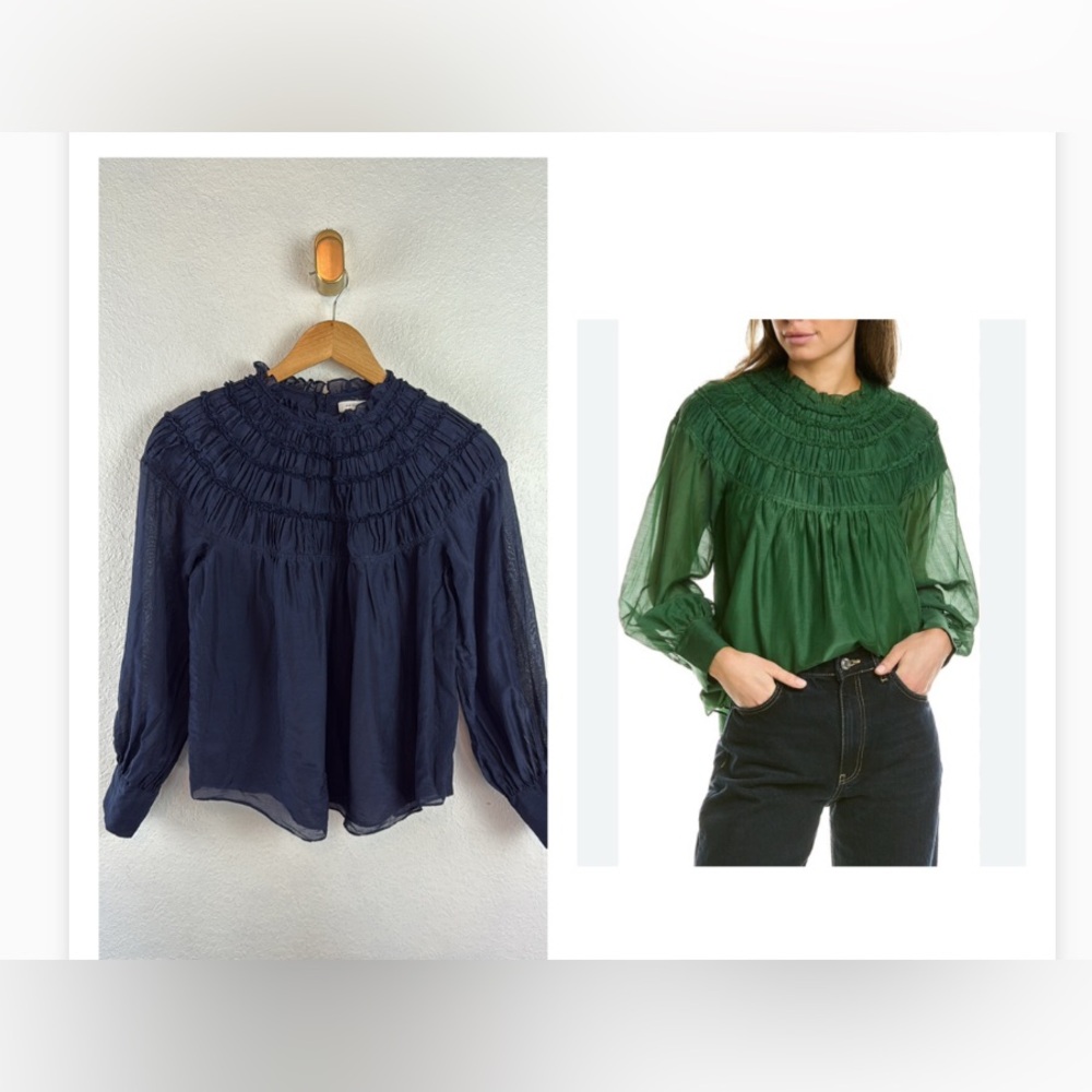 Perfect Rebecca Taylor silk long sleeve ruched smocked neck blouse top 2